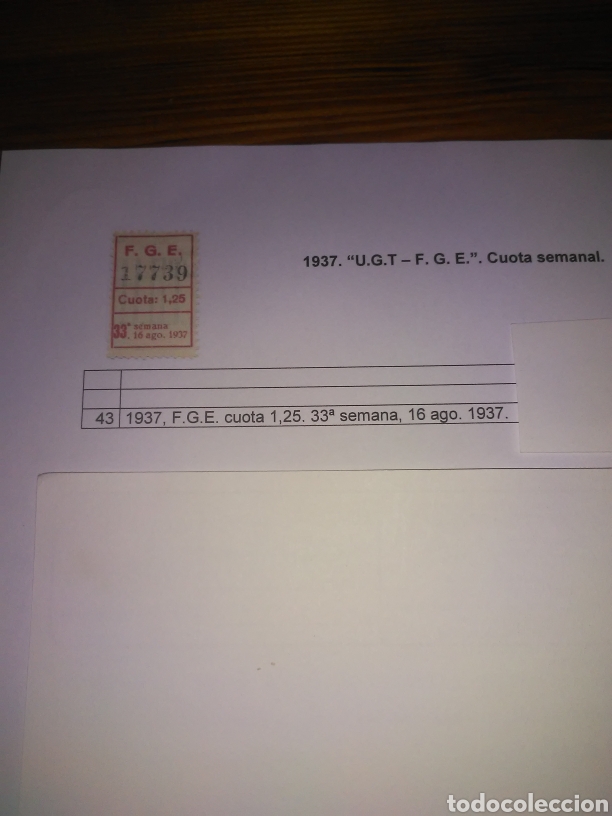 Militaria: UGT. F.G.E. A&Ntilde;O 1937 CUOTA SEMANAL