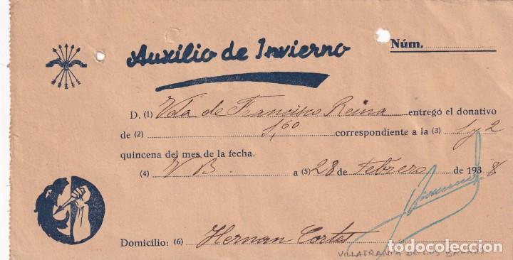 Militaria: Recibo Auxilio de invierno donativo 1938 Villafranca de los Barros