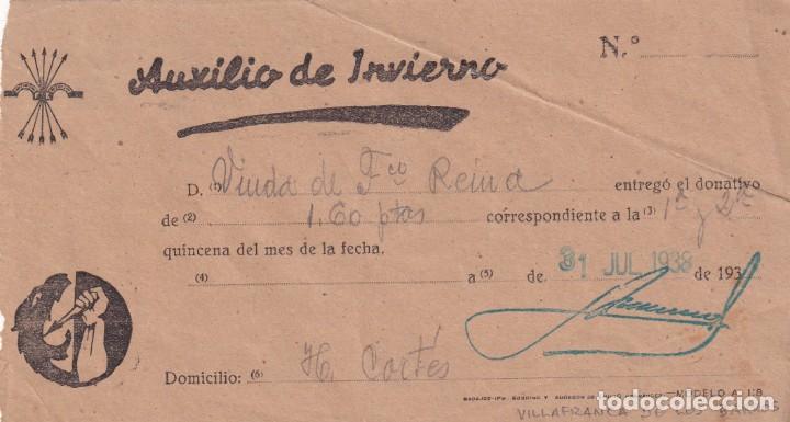 Militaria: Recibo Auxilio de invierno donativo 1938 Villafranca de los Barros