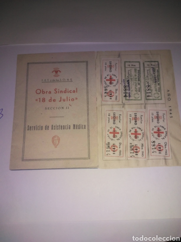 Militaria: OBRA SINDICAL 18 DE JULIO, SERVICIO DE ASISTENCIA MEDICA,CUPON 12 PTAS VERDE SOBRECARGA PARA 1945