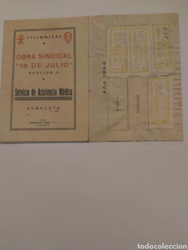Militaria: OBRA SINDICAL 18 DE JULIO, SERVICIO DE ASISTENCIA MEDICA,CUPON 5 PTAS AMARILLO 1944