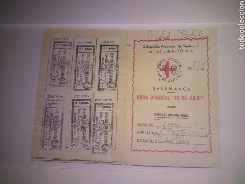 Militaria: OBRA SINDICAL 18 DE JULIO, SERVICIO DE ASISTENCIA MEDICA,CUPON 40 PTAS NEGRO 1956