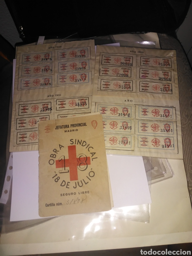 Militaria: OBRA SINDICAL 18 DE JULIO, SEGURO LIBRE ,CUPONES MENSUALES VARIOS A&Ntilde;OS 1951/3/4/5