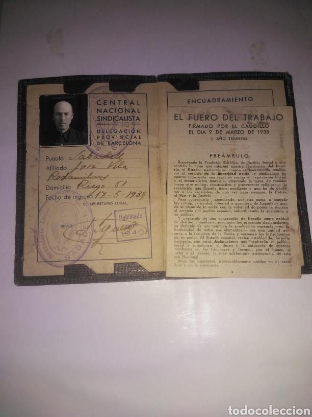Militaria: CENTRAL NACIONAL SINDICALISTA, SABADELL 1939 CARNET CON SELLOS