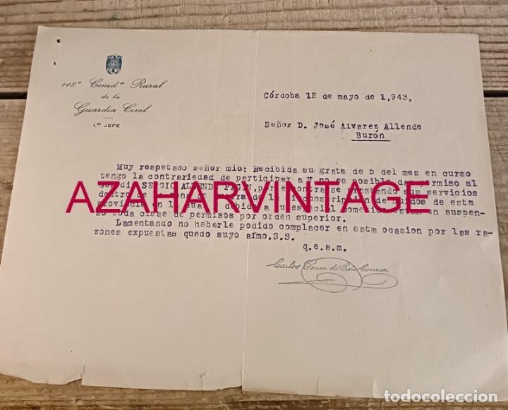 Militaria: CORDOBA, 1943, 118 COMANDANCIA RURAL GUARDIA CIVIL, DENEGACION PERMISO POR PERSECUCION HUIDOS GUERRA