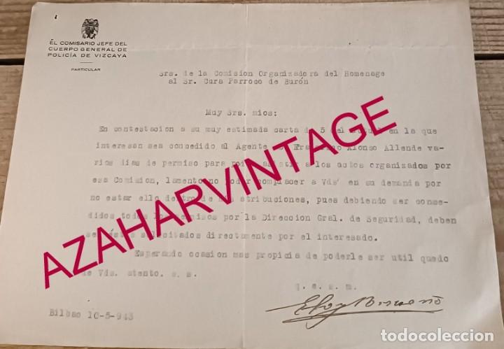Militaria: BILBAO, 1943, DENEGACION PERMISO POLICIA, FIRMA ELOY RISUE&Ntilde;O COMISARIO JEFE POLICIA DE VIZCAYA