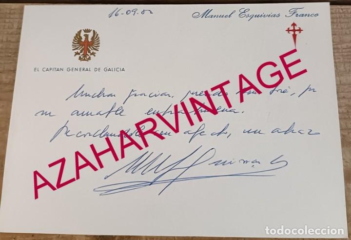 Militaria: TARJETA AGRADECIMIENTO, FIRMA MANUEL ESQUIVIAS FRANCO, CAPITAN GENERAL DE GALICIA