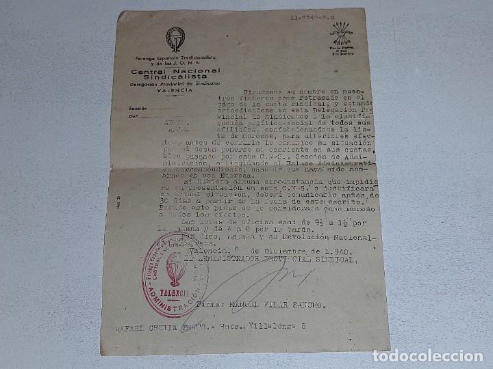 Militaria: ANTIGUA CARTA CENTRAL NACIONAL SINDICALISTA FALANGE ESPA&Ntilde;OLA VALENCIA A&Ntilde;O 1940