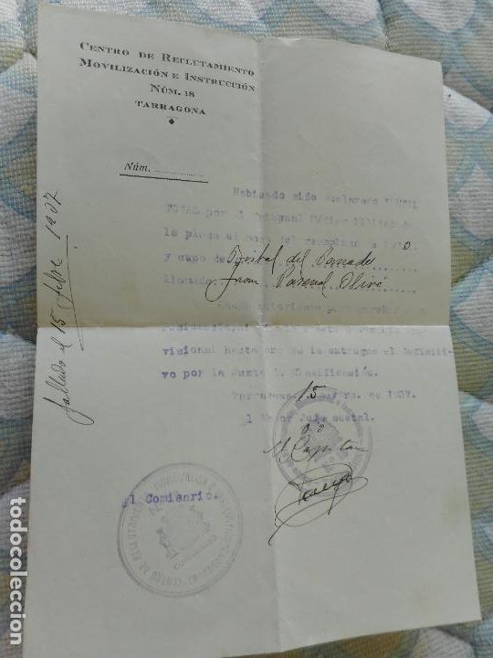 Militaria: ANTIGUA CARTA CENTRO RECLUTAMIENTO MOVILIZACION N&ordm; 18 TARRAGONA 1937. GUERRA CIVIL