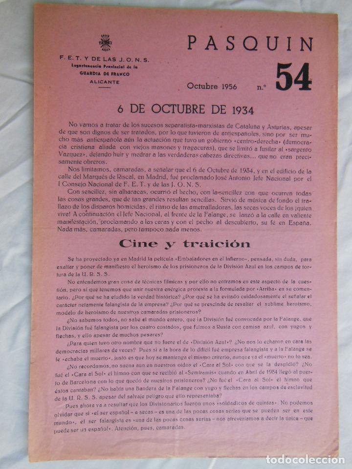 Militaria: PASQU&Iacute;N, 54 Octubre 1956. LUGARTENENCIA PROVINCIAL DE LA GUARDIA DE FRANCO. FET Y DE LAS JONS