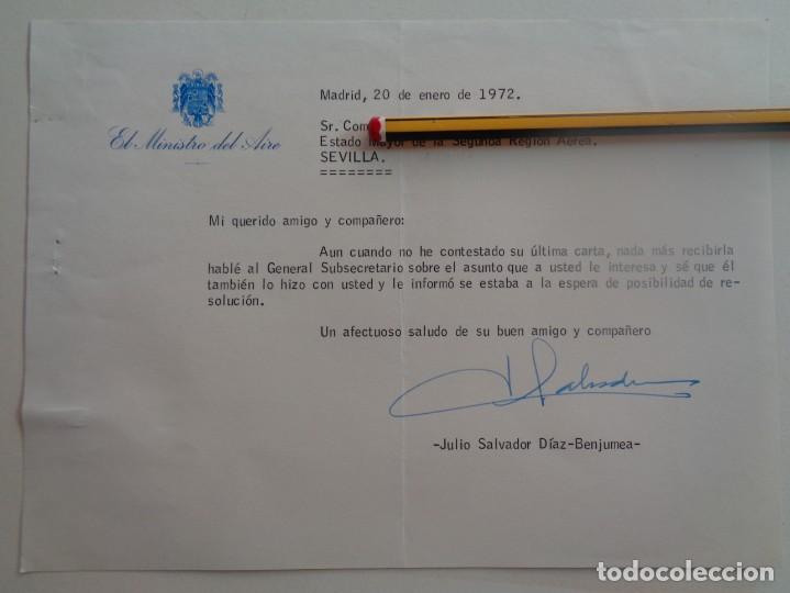 Militaria: AVIACION - MINISTERIO DEL AIRE : CARTA CON FIRMA MANUSCRITA DEL MINISTRO DIAZ-BENJUMEA . 1972