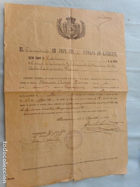 Militaria: CERTIFICADO. CUERPO EJERCITO CATALU&Ntilde;A. CORONEL EMILIO CREMATA FRANCO- FRANCISCO CAMPS RAMON 1897