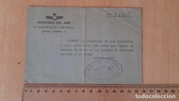 Militaria: Lote documentos ministerio del Aire posguerra, carnet economato, talonario recetas y tarjeta carne
