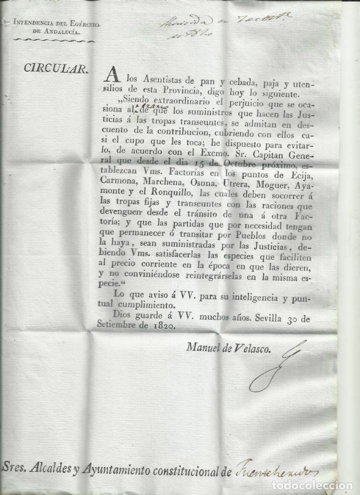Military Antiques: circulada IMPRESO 1820 de INTENDENCIA EL EJERCITO DE ANDALUCIA A AYUNTAMIENTO FUENTE EJIDO SEVILLA