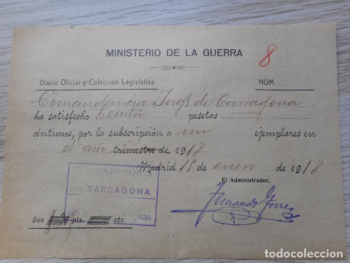 Militaria: ANTIGUO RECIBO MINISTERIO DE GUERRA COMANDANCIA INGENIEROS TARRAGONA. MADRID 1918