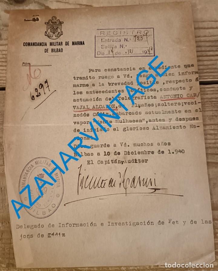 Militaria: 1940, SOLICITUD FALANGE DE CERTIFICADO ANTECEDENTES POLITICOS TELEGRAFISTA,COMANDANCIA MARINA BILBAO