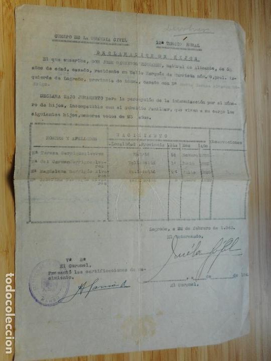 Militaria: GUARDIA CIVIL. DECLARACION DE HIJOS LOGRO&Ntilde;O 1943