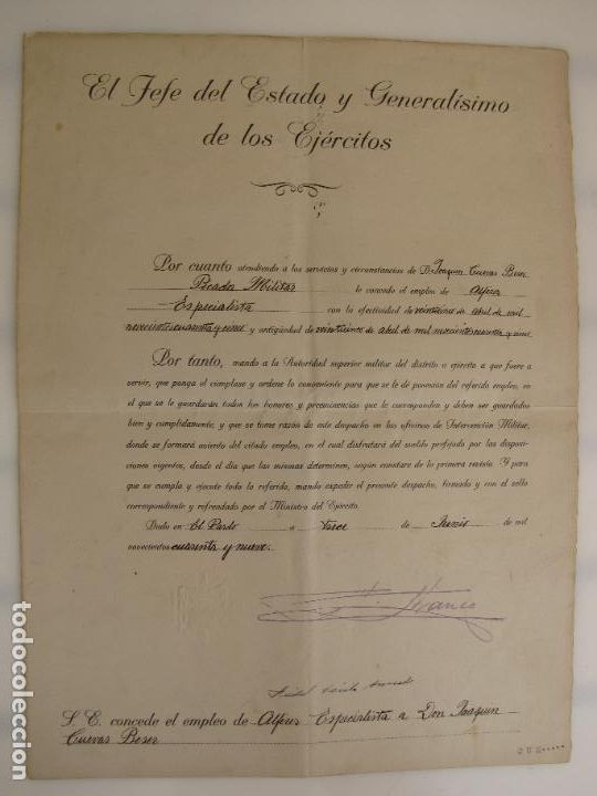 Militaria: 37.- Generalisimo de los Ejercitos. Nombramiento Picador Caballer&iacute;a. El Pardo 1.949