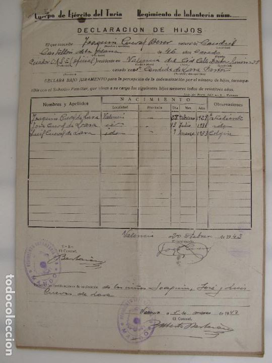 Militaria: 37.- Cuerpo del Ejercito del Turia. valencia. Caballer&iacute;a. Declaraci&oacute;n de hijos. 1.943
