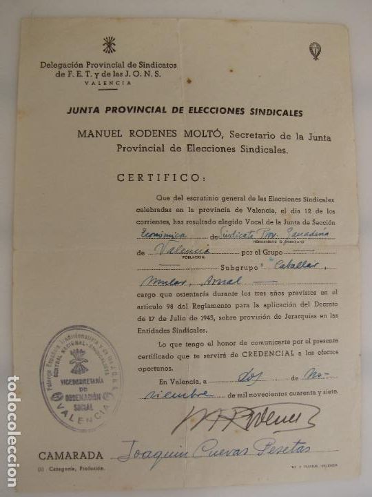 Militaria: 37.- Credencial de Camarada Falange. Elecciones Sindicales. 1.947