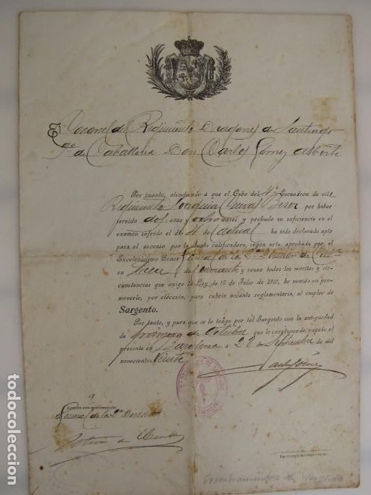 Militaria: 37.- Regimiento de Dragones de Santiago. Caballer&iacute;a. Ascenso a Sargento. 1.920