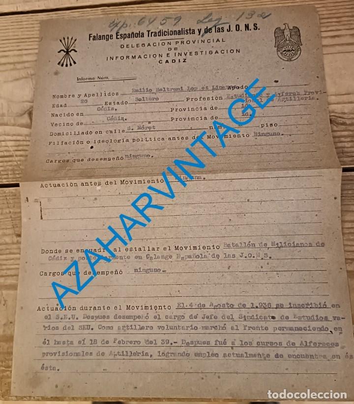 Militaria: CADIZ, 1941, INFORME CON HISTORIAL DE UN SUJETO PROPUESTO A MILITANTE DE FALANGE