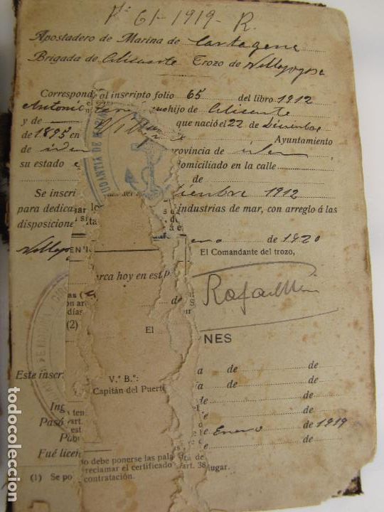 Militaria: 37.- Libreta Oficial de inscripci&oacute;n mar&iacute;tima. 1.919. Villajoyosa. Alicante. Ratonada