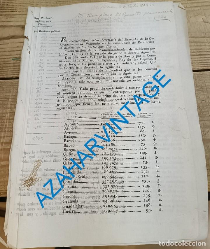 Militaria: 1822, REPARTO DEL REEMPLAZO DE 1823 POR PROVINCIAS, 7983 HOMBRES, MAGNIFICO,4 PAGINAS