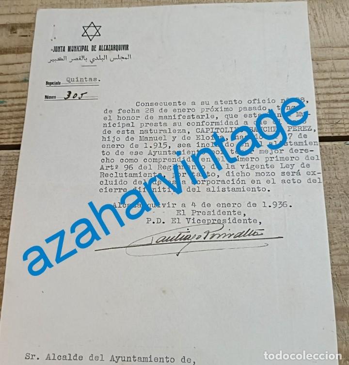 Militaria: ALCAZARQUIVIR, 1936, CARTA MEMBRETE JUNTA MUNICIPAL, ALISTAMIENTO MOZO