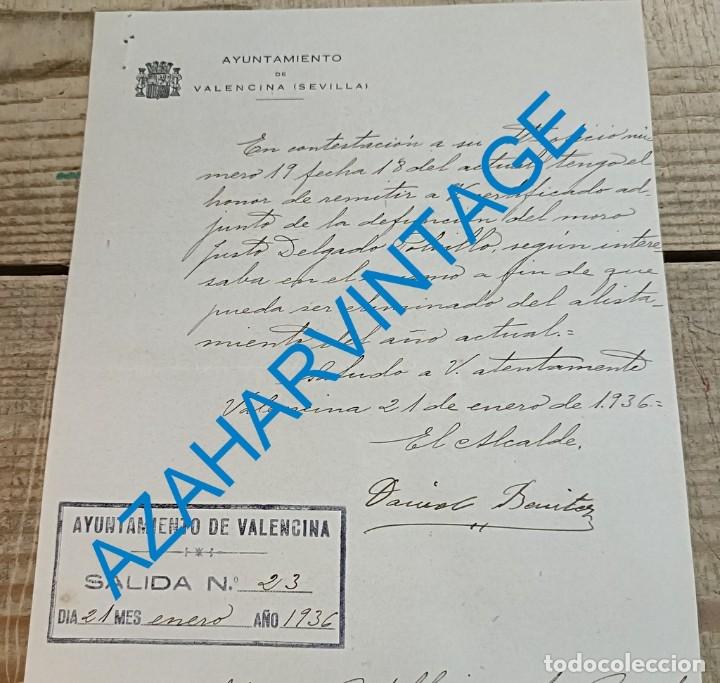 Militaria: VALENCINA DE LA CONCEPCION, 1936, CARTA AYUNTAMIENTO, FIRMA ALCALDE, ALISTAMIENTO MOZO