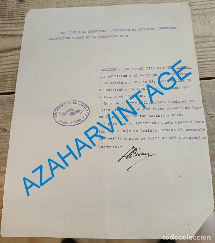 Militaria: AVIACION,SEVILLA, 1940. CERTIFICADO MILITARIZACION DE UN CARPINTERO, MAESTRANZA N&ordm;2