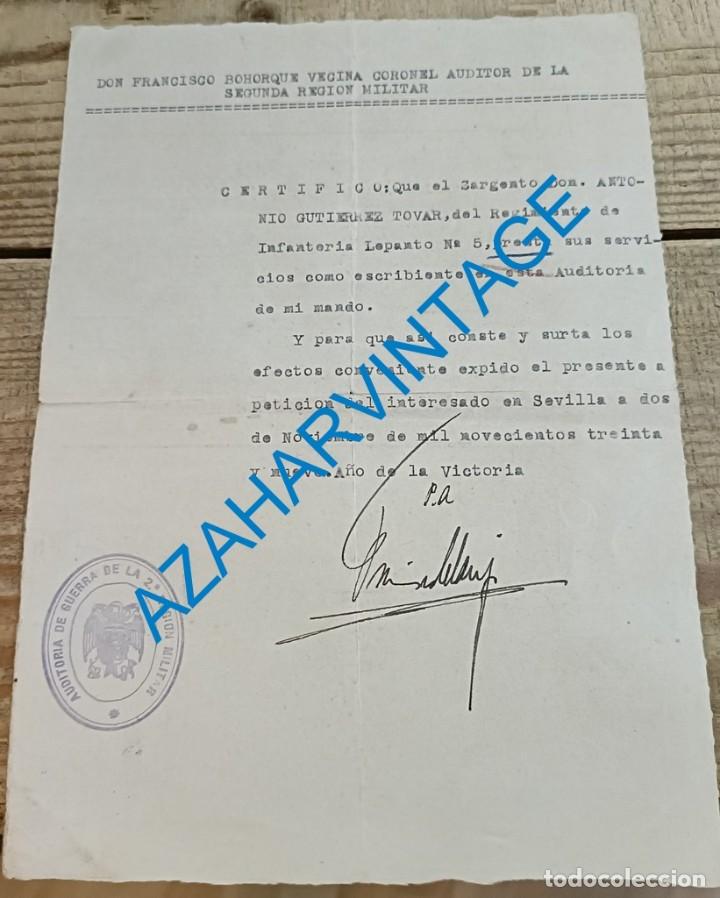 Militaria: SEVILLA, 1939, AUDITORIA MILITAR, CERTIFICADO EMITIDO A UN ESCRIBIENTE DEL REG.LEPANTO N&ordm;5