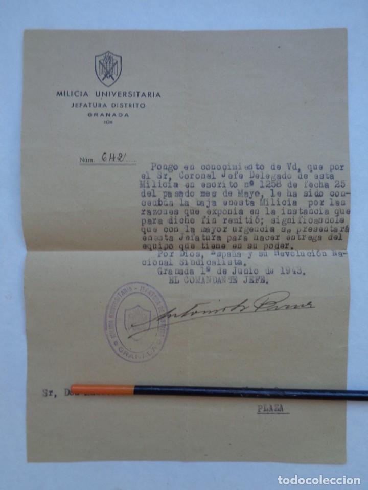 Militaria: MILICIA UNIVERSITARIA - JEFATURA DISTRITO : NOTIFICACION DE BAJA . GRANADA 1943