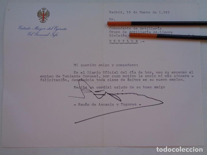 Militaria: ESTADO MAYOR EJERCITO, GENERAL JEFE: CARTA A COMANDANTE ARTILLERIA POR ASCENSO A TTE. CNEL. 1982
