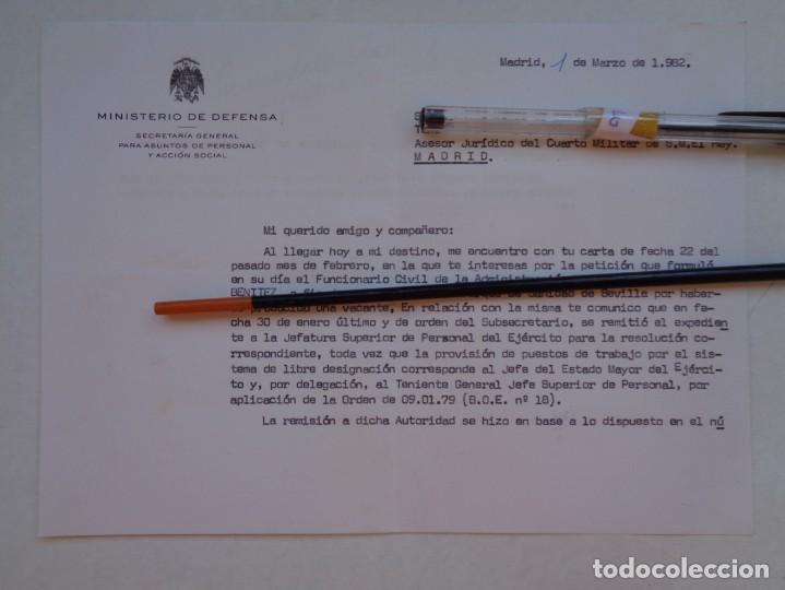 Militaria: MINISTERIO DE DEFENSA - ACCION SOCIAL: CARTA A TTE. CNEL. DE LA ARMADA CUARTO MILITAR DEL REY. 1982