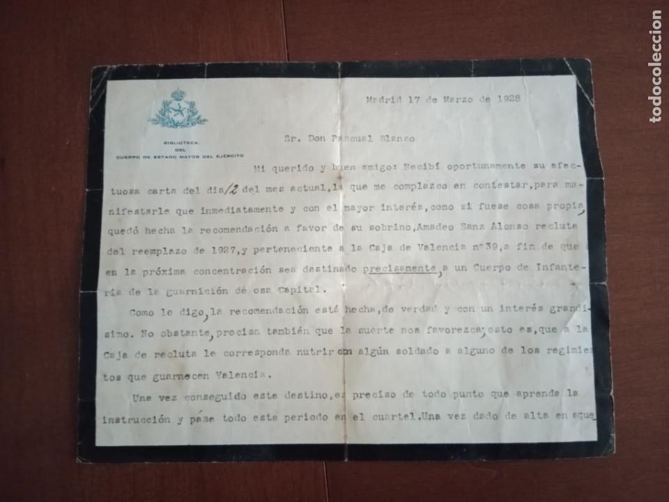 Militaria: CARTA DE RECOMENDACION MILITAR - 1928 - BIBLIOTECA CUERPO DE ESTADO MAYOR DEL EJERCITO