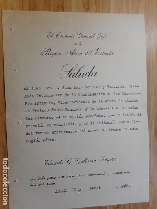 Militaria: ANTIGUA CARTA EDUARDO GALLARZA YRAGORRI. TENIENTE GENERAL REGION AEREA ESTRECHO. SEVILLA 1960