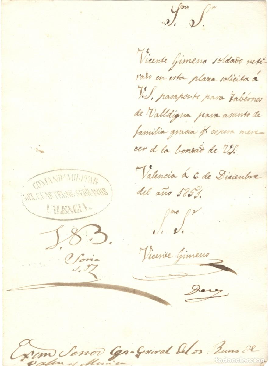 Militaria: COMANDANCIA MILITAR - CUARTEL DE SERRANOS - VALENCIA - PASAPORTE SOLDADO TABERNES DE VALLDIGNA 1851