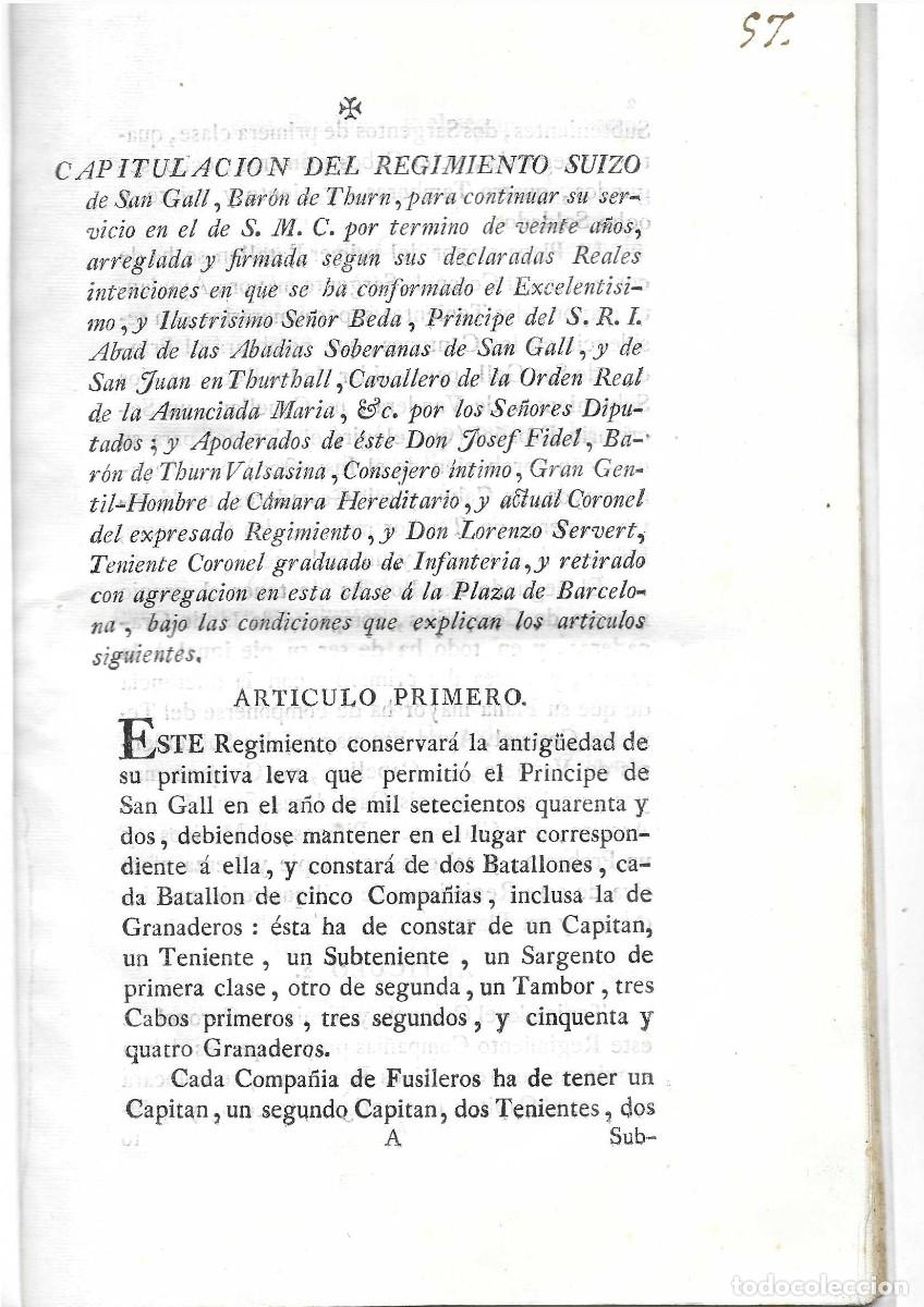 Militaria: CAPITULACI&Oacute;N DEL REGIMIENTO SUIZO DE SAN GALL. 1779. EL CONDE DE RICLA
