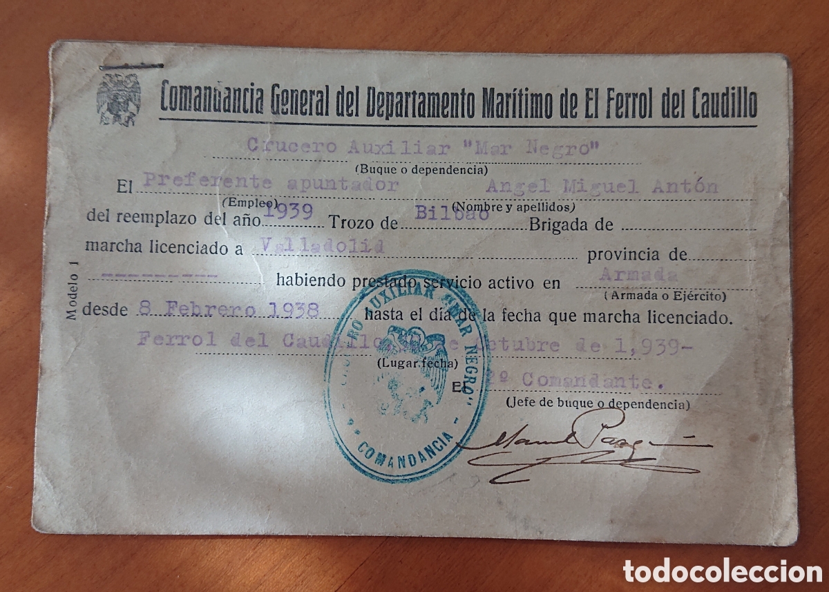 Militaria: Guerra civil crucero auxiliar Mar Negro, gran documento, extraordinario sello original,Armada Espa&ntilde;a