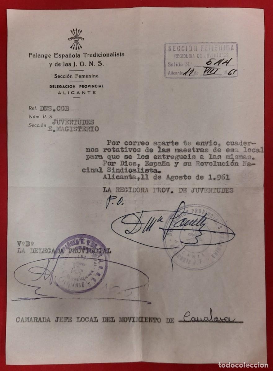 Militaria: CARTA DE LA DELEGACION PROVINCIAL DE FALANGE AL JEFE LOCAL DE LA CANALOSA - 1961