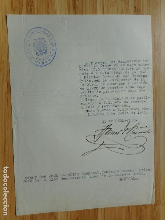 Militaria: ANTIGUA CARTA GUARDIA CIVIL COMANDANCIA RURAL LOGRO&Ntilde;O 1945. CONCESION PLACA ORDEN S.HERMENEGILDO