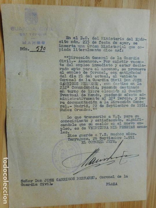 Military Antiques: ANTIGUA CARTA TERCIO DE LA GUARDIA CIVIL MANDO TARRAGONA 1951