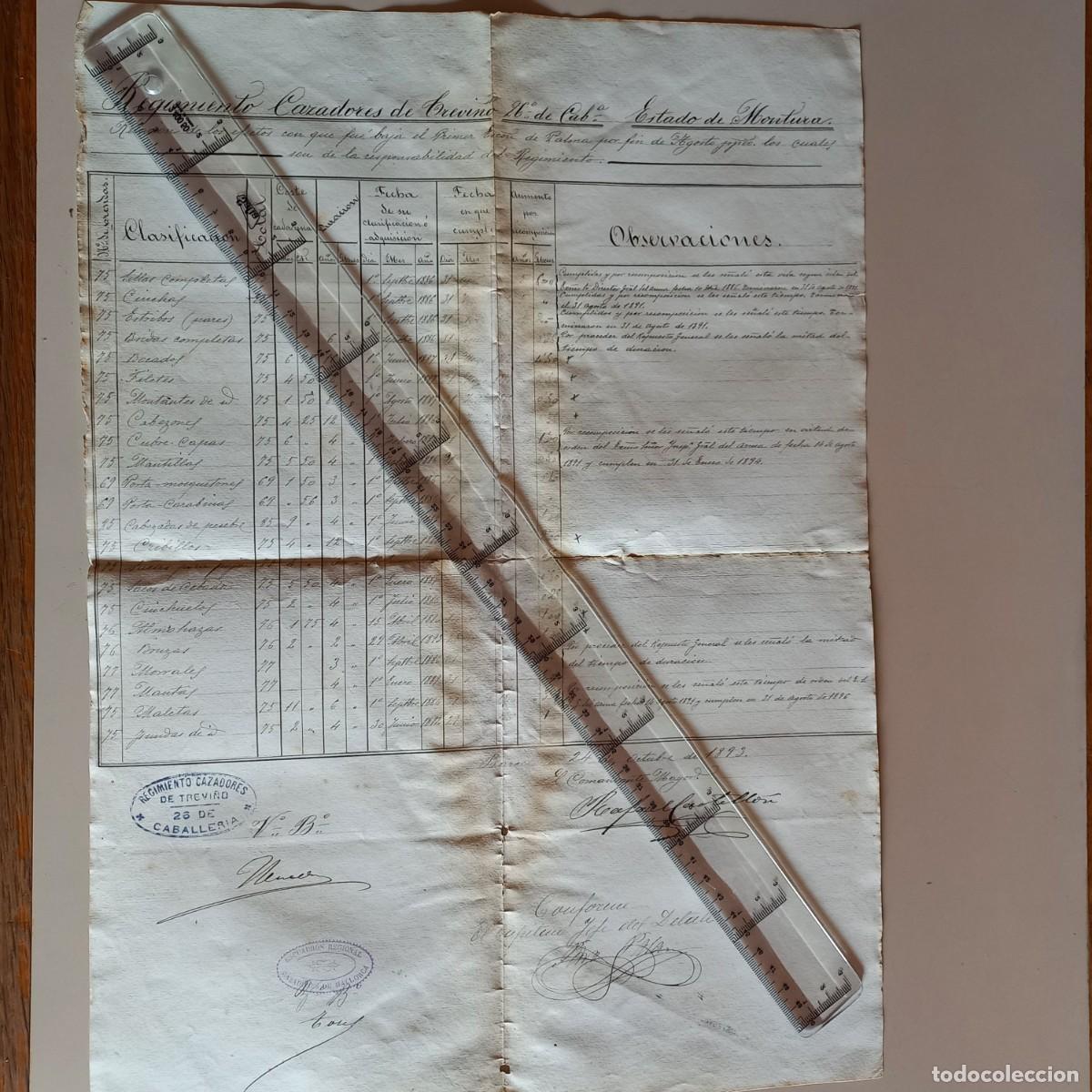 Militaria: Regimiento Cazadores de Trevi&ntilde;o 26 de Caballer&iacute;a.- Estado de monturas 24-10-1893