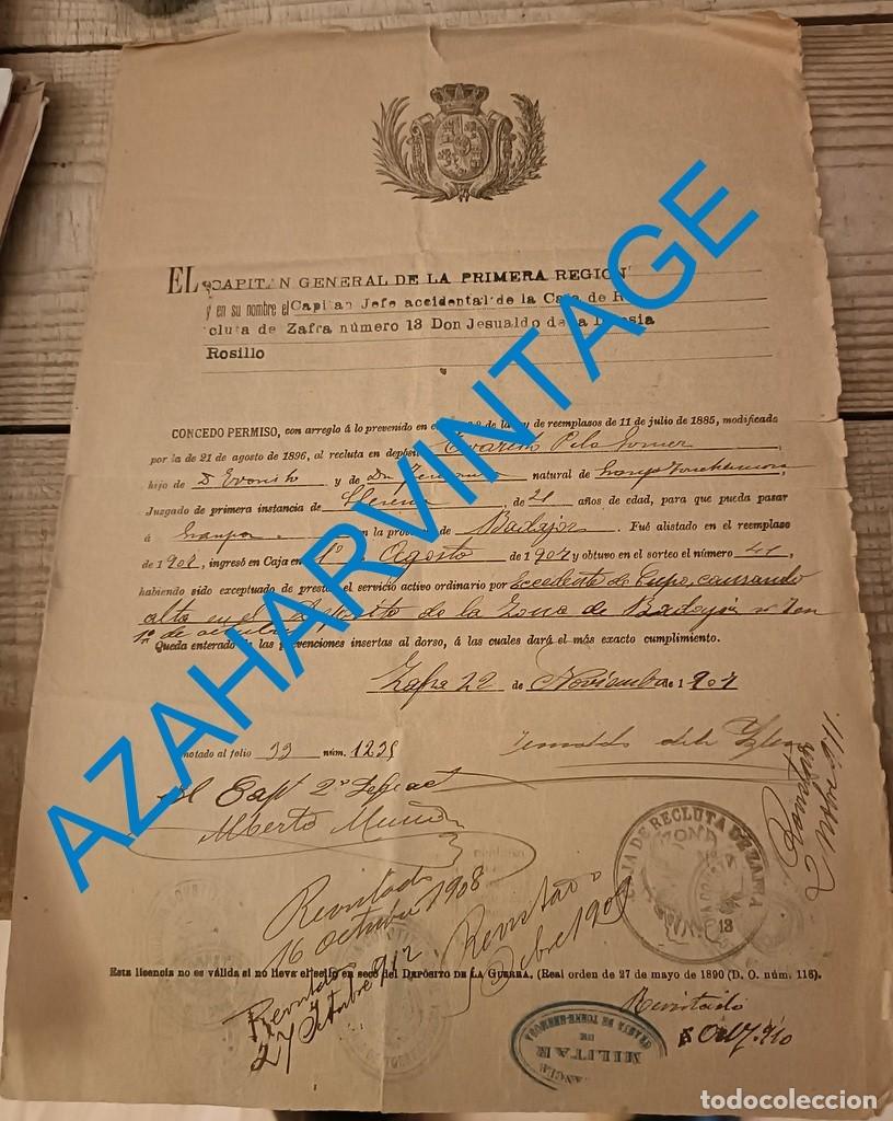 Military Antiques: ZAFRA, BADAJOZ, 1907, PERMISO SOLDADO PARA VIAJAR A GRANJA DE TORREHERMOSA