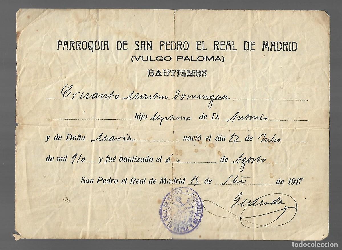 Militaria: M38- MADRID -CERTIFICADO DE BAUTISMO DE SAN PEDRO EL REAL DE MADRID DEL 15 -9 - 1.919