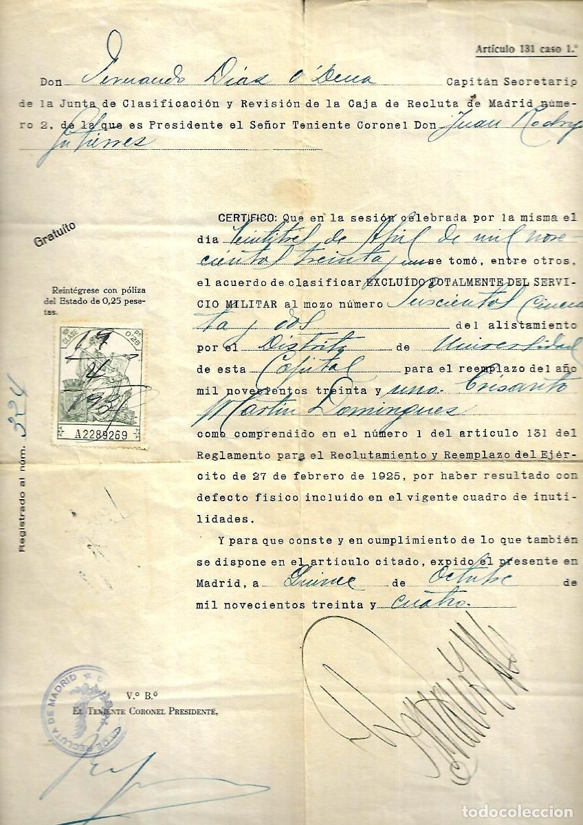 Militaria: M38-CERTIFICADO ACUERDO DE CLASIFICAR EXCLUIDO TOTALMENTE DE TODO SERVICIO MILTAR- 15-10- 1.934