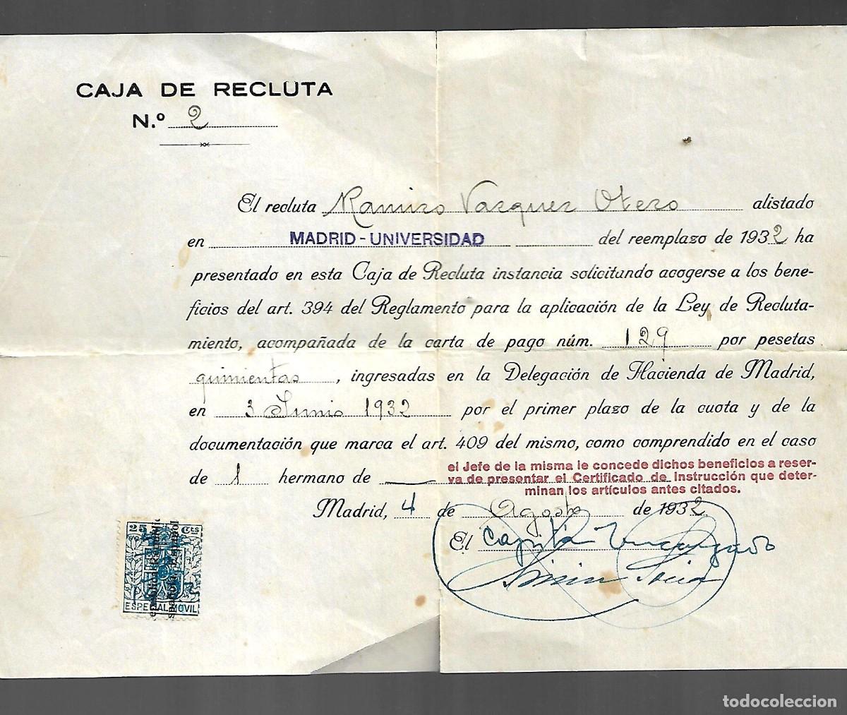 Militaria: M38- CAJA DE RECLUTA N&ordm; 2 -EL RECLUTA ADJUNTA CARTA DE PAGO N&ordm; 129 DE 500 Ptas