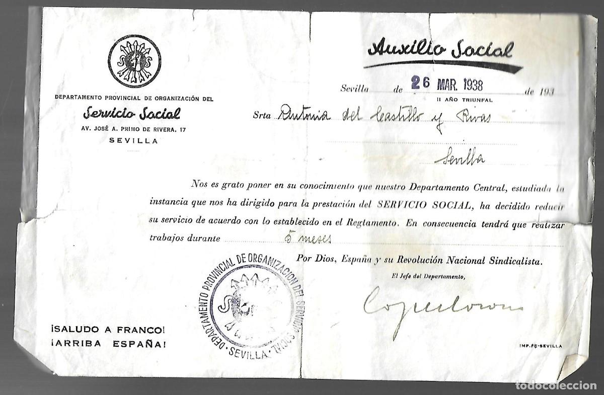 Militaria: M38- SERVICIO SOCIAL DE LA MUJER. PARA REALIZAR TRABAJO DURANTE 5 MESES