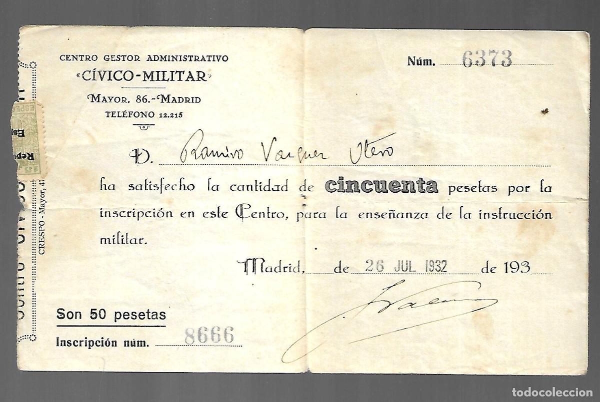 Militaria: M38- CIVICO MILITAR JUSTIFICANTE DEL PAGO DE 50 Ptas. PARA ENSE&Ntilde;ANZA DE LA INSTRUCION MILITAR 1.932